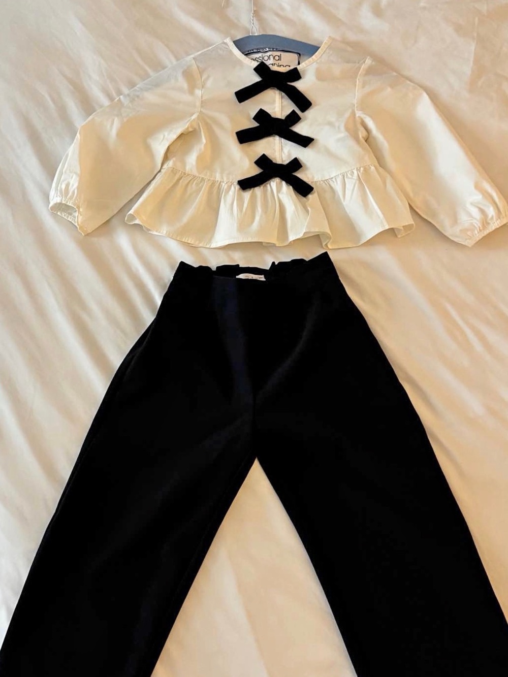Zara Kids Black and Cream Wide-Leg Pants Set with Bow Peplum Top